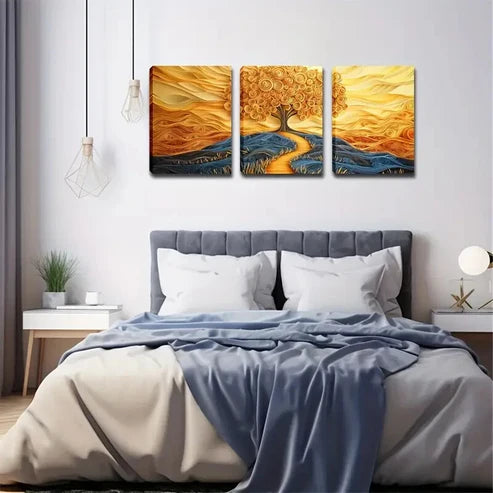 3pcs Golden Tree & Sunset Landscape Wall Art Canvas Unframed - High Quality Print 100% Australian Made Wall Canvas - Bella Home Decor