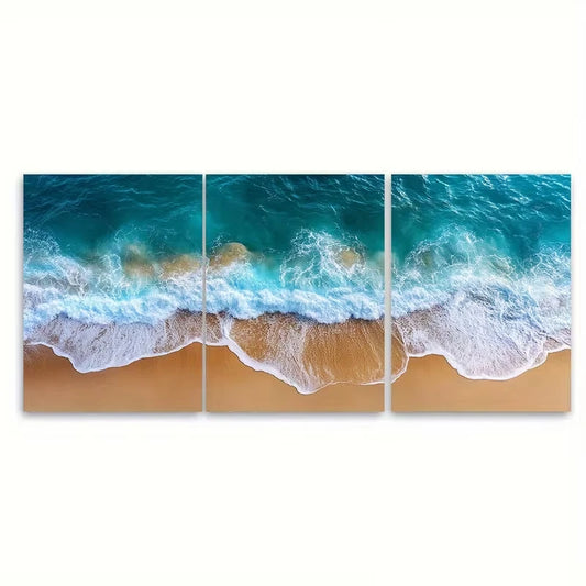 3pcs Golden Sandy Beach Aerial Photography Metal Print Ready to Hang Art