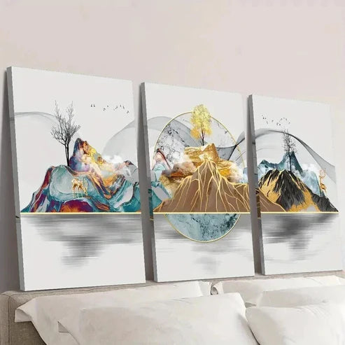 3pcs Featuring Elk Money Tree And Mountains Wall Art Set Canvas Unframed - High Quality Print 100% Australian Made Wall Canvas