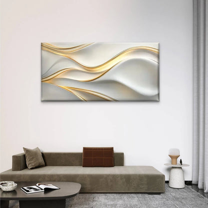 Abstract White & Golden Wavy Wall Art Canvas Office Home Room Framed 120x60cm