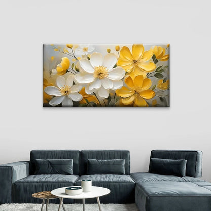 Vibrant Yellow & White Floral Wall Art Canvas Office Home Room Framed 120x60cm