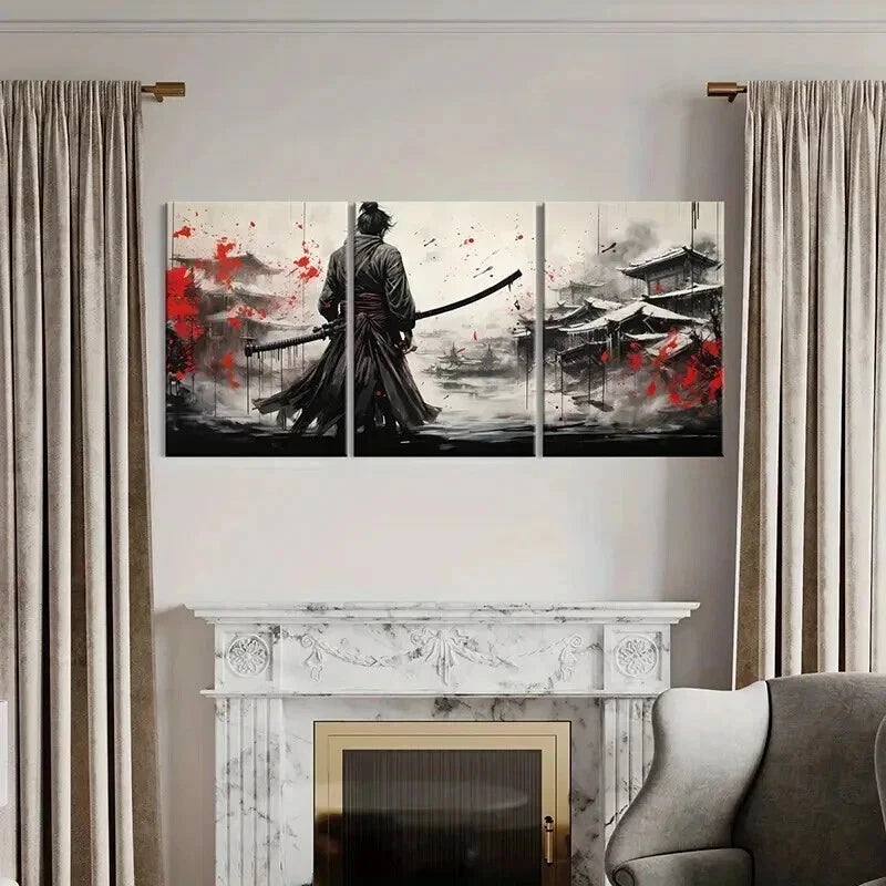 3pcs Japanese Style Sakura Tree Samurai Wall Art Set Canvas Framed 50x70cm - High Quality Print 100% Australian Made Wall Canvas Ready to Hang - Bella Home Decor