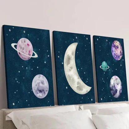 3pcs Galaxy Space Planet Moon & Stars Wall Art Canvas Unframed - High Quality Print 100% Australian Made Wall Canvas - Bella Home Decor