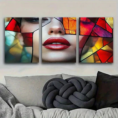 3pcs Stained Glass Lip Wall Art Set Canvas Unframed - High Quality Print 100% Australian Made Wall Canvas - Bella Home Decor