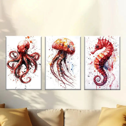 3pcs Red creature octopus jellyfish seahorse Wall Art Set Canvas Framed 60x90cm - High Quality Print 100% Australian Made Wall Canvas Ready to Hang