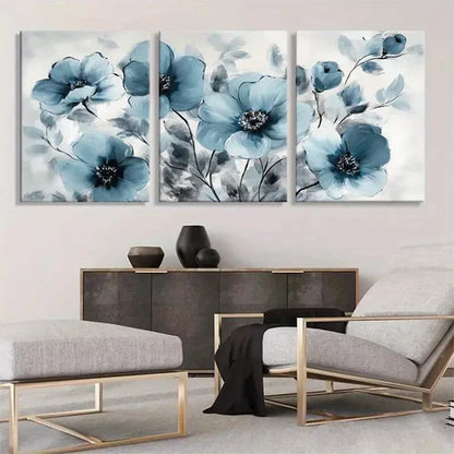 3pcs Elegant Blue Floral Blooming Flower Wall Art Canvas Unframed - High Quality Print 100% Australian Made Wall Canvas