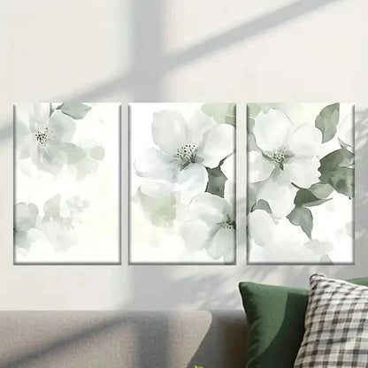 3pcs White Flower with Green Leaves Wall Art Canvas Unframed - High Quality Print 100% Australian Made Wall Canvas