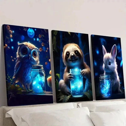 3pcs Luminous Magic Owls Sloths & Rabbits Wall Art Set Canvas Unframed - High Quality Print 100% Australian Made Wall Canvas