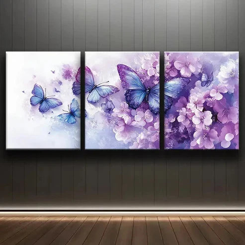 3pcs Blue Butterflies with Floral Accents Wall Art Canvas Unframed - High Quality Print 100% Australian Made Wall Canvas