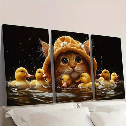 3pcs Adorable Cat Lion Hat Ducks Wall Art Set Canvas Framed 50x70cm - High Quality Print 100% Australian Made Wall Canvas Ready to Hang - Bella Home Decor
