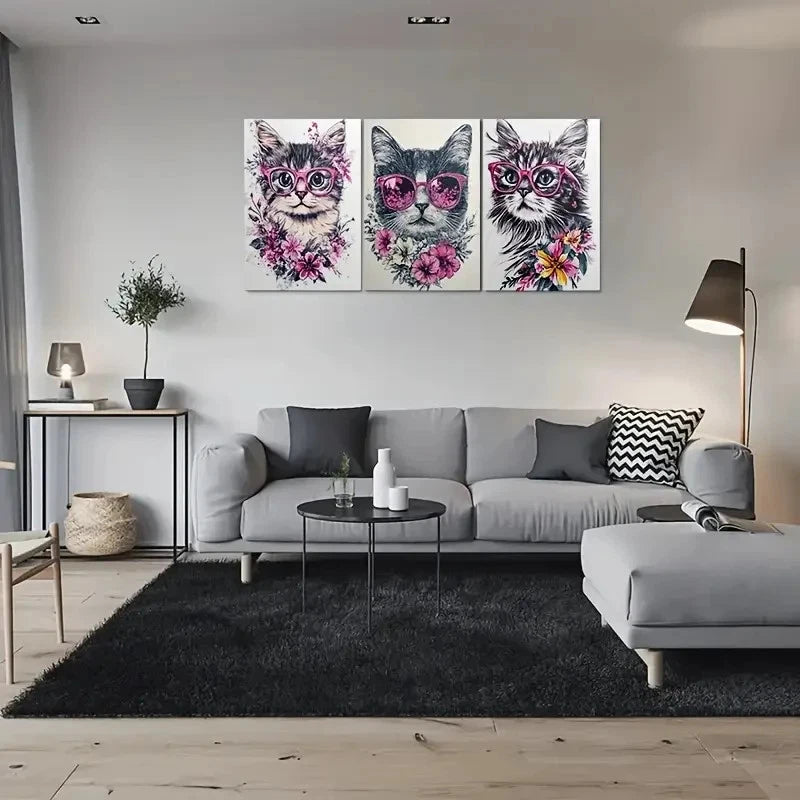 3pcs Floral Glasses Hook Mounting Fashion Theme Metal Print Ready to Hang Art