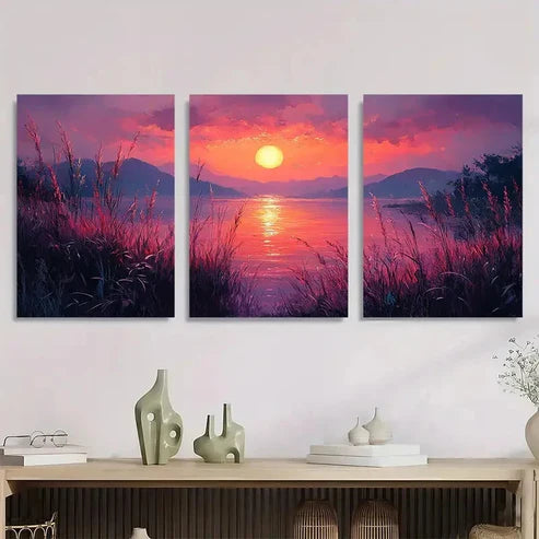 3pcs Soothing Sunrise Gouache Lilac Perfect Wall Art Set Canvas Unframed - High Quality Print 100% Australian Made Wall Canvas