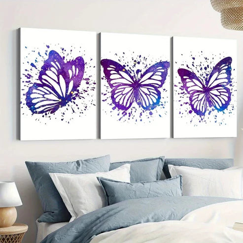 3pcs Purple Butterfly Elegant White Blue Dots Wall Art Set Wall Art Canvas Unframed – High Quality Print 100% Australian Made Wall Canvas
