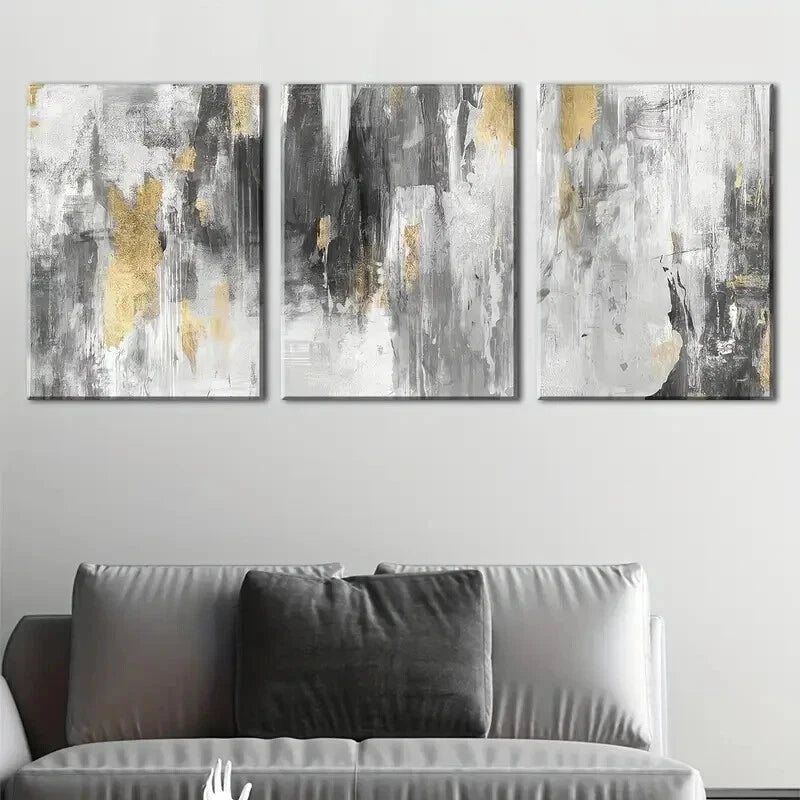 3pcs Golden And Grey Abstract Murals Perfect Wall Art Set Canvas Framed 50x70cm - High Quality Print 100% Australian Made Wall Canvas Ready to Hang - Bella Home Decor