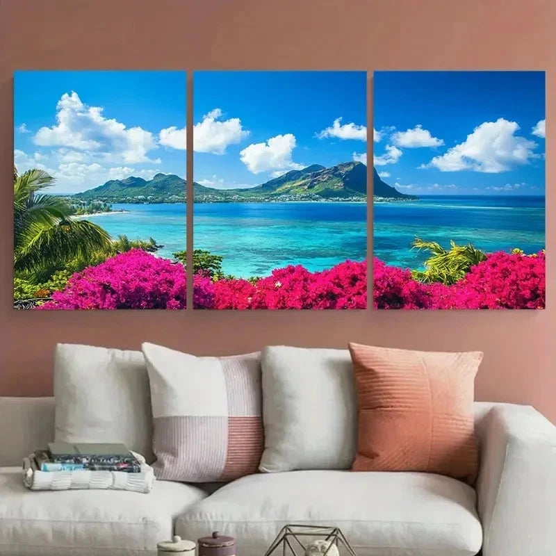 3pcs Vibrant Pink Flowers & Blue Ocean Perfect Wall Art Set Canvas Framed 50x70cm - High Quality Print 100% Australian Made Wall Canvas Ready to Hang