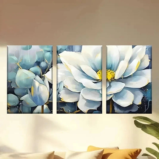 3pcs Elegant White & Blue Lotus Flower Wall Art Set Canvas Framed 40x60cm - High Quality Print 100% Australian Made Wall Canvas Ready to Hang