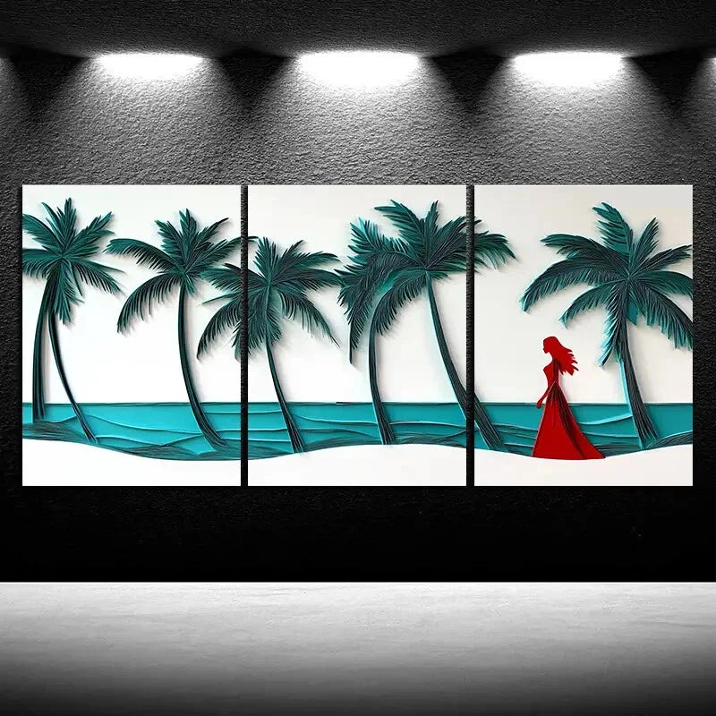 3pcs Coconut Trees And Women on The Beach Metal Print Ready to Hang Art - Bella Home Decor