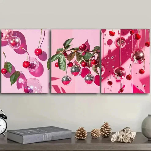 3pcs Cherry and Disco Ball Pink Colorful Sweet Wall Art Set Canvas Unframed - High Quality Print 100% Australian Made Wall Canvas - Bella Home Decor