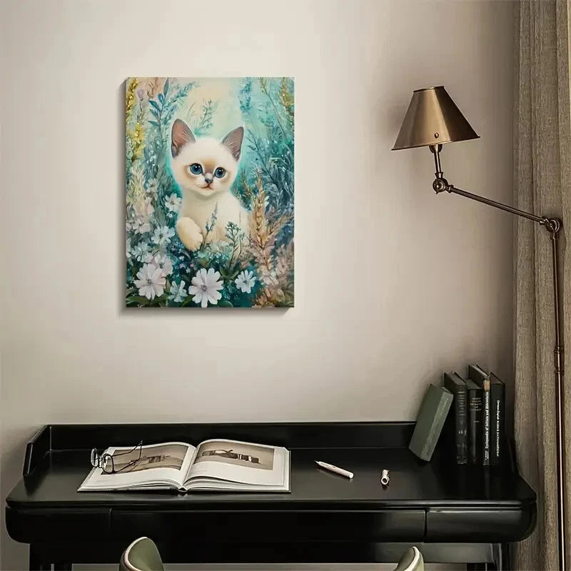 Cute Siamese Kitten with Blue Eyes in Floral 40x60cm Metal Print Ready to Hang - Bella Home Decor