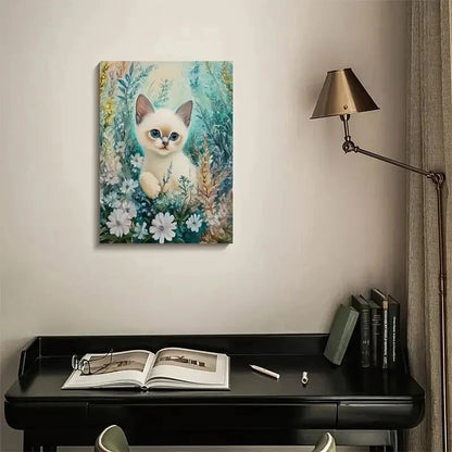 Cute Siamese Kitten with Blue Eyes in Floral 40x60cm Metal Print Ready to Hang - Bella Home Decor