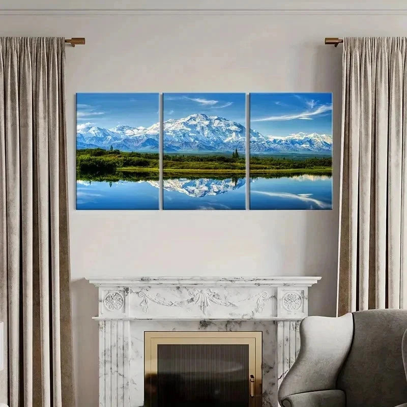 3pcs Snow Mountains Grassland & River Wall Art Set Canvas Framed 50x70cm - High Quality Print 100% Australian Made Wall Canvas Ready to Hang