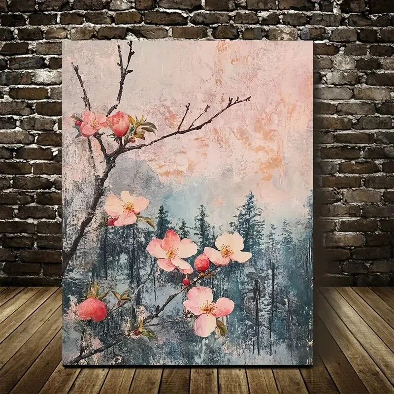 Vibrant Blooming Peach Tree Forest Landscape Painting 40x60cm Metal Print Ready to Hang - Bella Home Decor