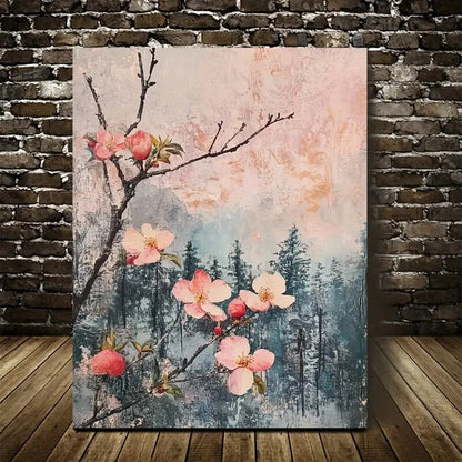 Vibrant Blooming Peach Tree Forest Landscape Painting 40x60cm Metal Print Ready to Hang - Bella Home Decor