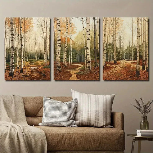 3pcs Autumnal Birch Trees & Fall Foliage  Wall Art Set Canvas Unframed - High Quality Print 100% Australian Made Wall Canvas - Bella Home Decor