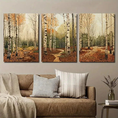 3pcs Autumnal Birch Trees & Fall Foliage  Wall Art Set Canvas Unframed - High Quality Print 100% Australian Made Wall Canvas - Bella Home Decor