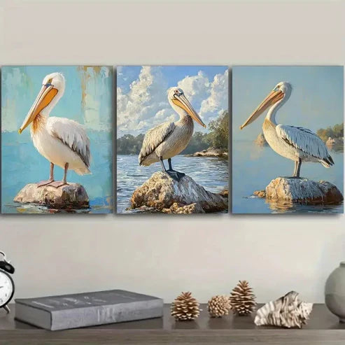 3pcs Pelican Perched on a Rock in Water Wall Art Set Canvas Unframed - High Quality Print 100% Australian Made Wall Canvas - Bella Home Decor