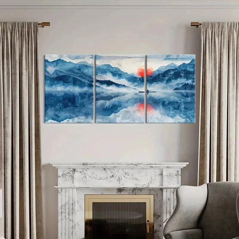 3pcs Traditional Chinese Landscape Sunset Lake Wall Art Set Canvas Framed 50x70cm - High Quality Print 100% Australian Made Wall Canvas Ready to Hang - Bella Home Decor
