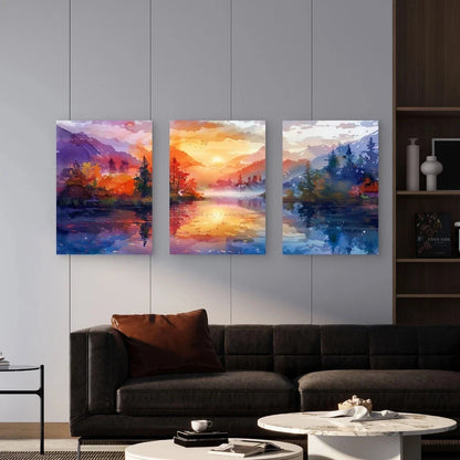 3pcs Vibrant Watercolor Sunset Mountain Lake Wall Art Set Canvas Framed 50x70cm - High Quality Print 100% Australian Made Wall Canvas Ready to Hang - Bella Home Decor