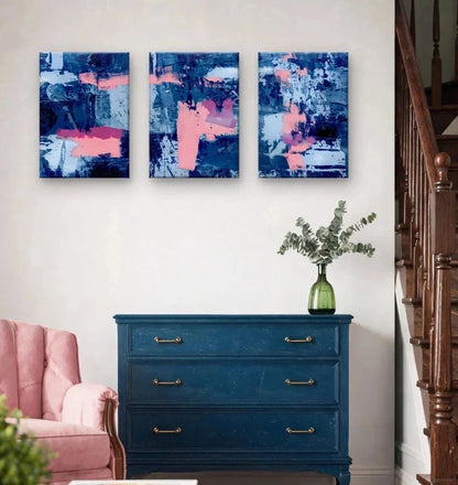 3pcs Navy Blue and Pink Abstract Expressionism Wall Art Set Canvas Framed 60x90cm - High Quality Print 100% Australian Made Wall Canvas Ready to Hang