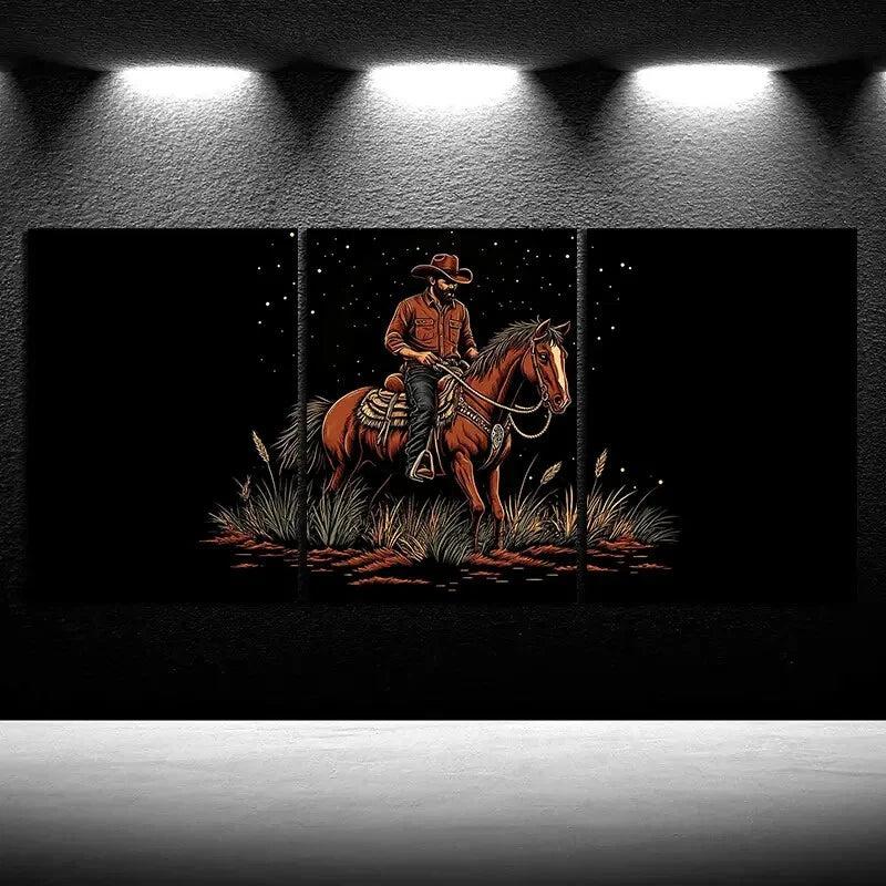 3pcs Man Riding a Horse Animal Themed Metal Print Ready to Hang Art - Bella Home Decor
