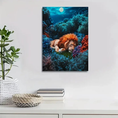 Surreal Lion Rolling on Grass Underwater Coral 40x60cm Metal Print Ready to Hang - Bella Home Decor