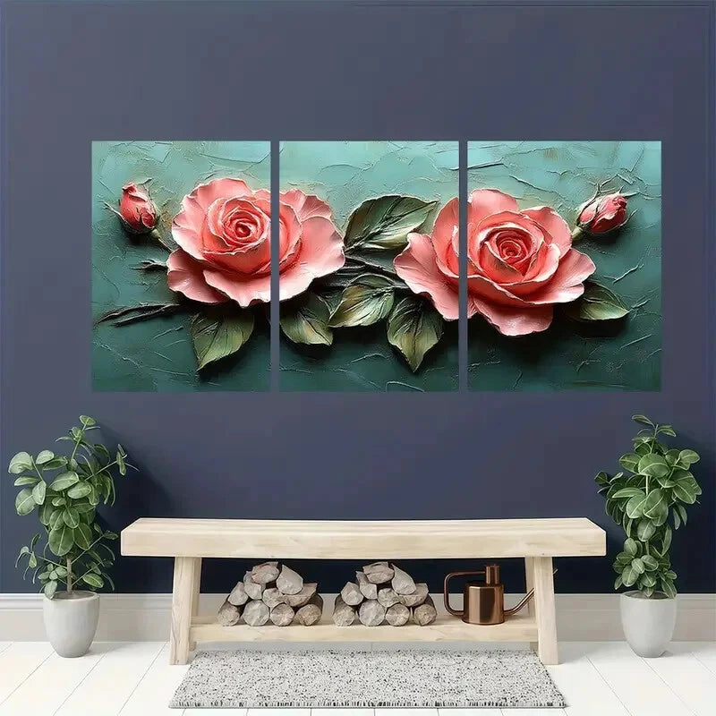 3pcs Pink Roses Elegant Floral Metal Print Ready to Hang Art - Bella Home Decor