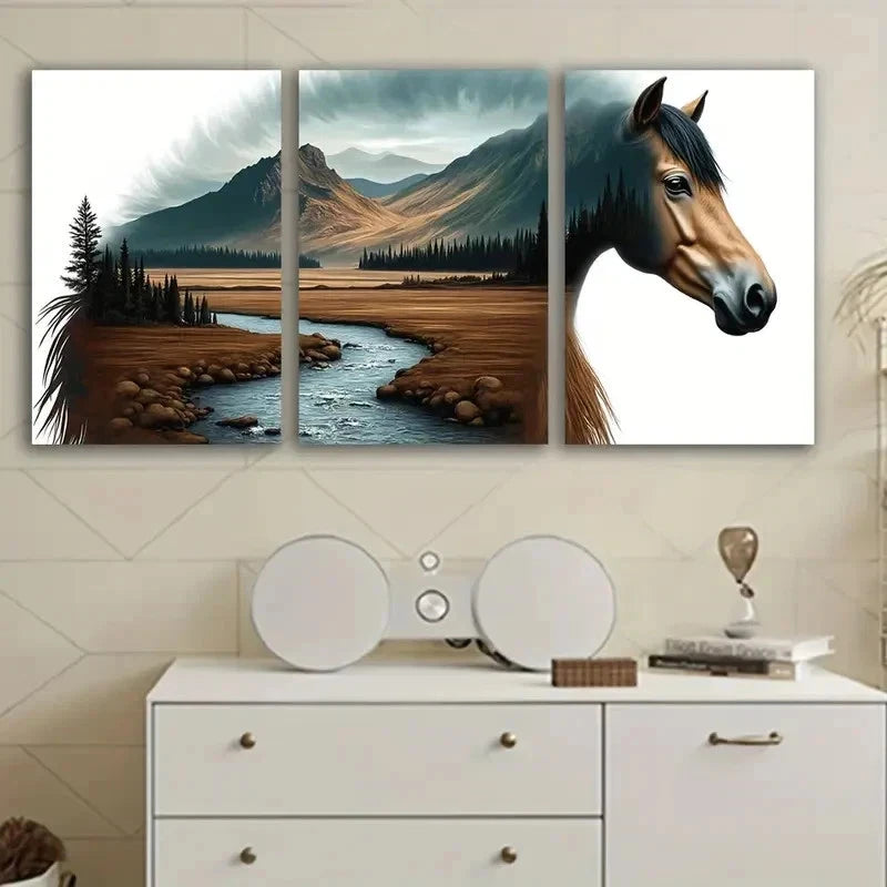 3pcs Horse Standing Indoors Scene Wall Art Set Canvas Framed 60x90cm - High Quality Print 100% Australian Made Wall Canvas Ready to Hang