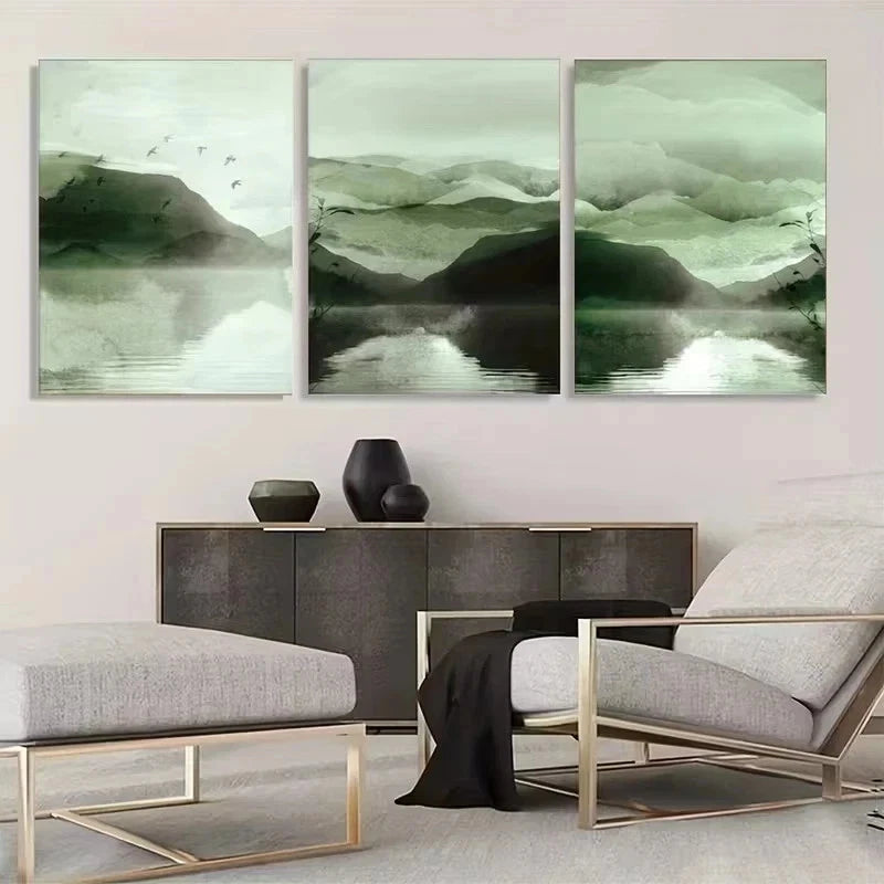 3pcs Green Watercolor Landscape Abstract Metal Print Ready to Hang Art