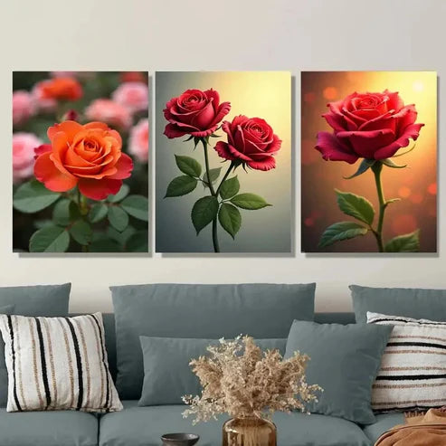 3pcs Vibrant Rose Flower Green Picture Wall Art Set Canvas Unframed - High Quality Print 100% Australian Made Wall Canvas