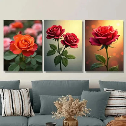 3pcs Vibrant Rose Flower Green Picture Wall Art Set Canvas Unframed - High Quality Print 100% Australian Made Wall Canvas