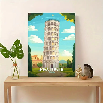 Pisa Tower Italy Blue Sky & Green Landscape Travel Poster Print Wall Art