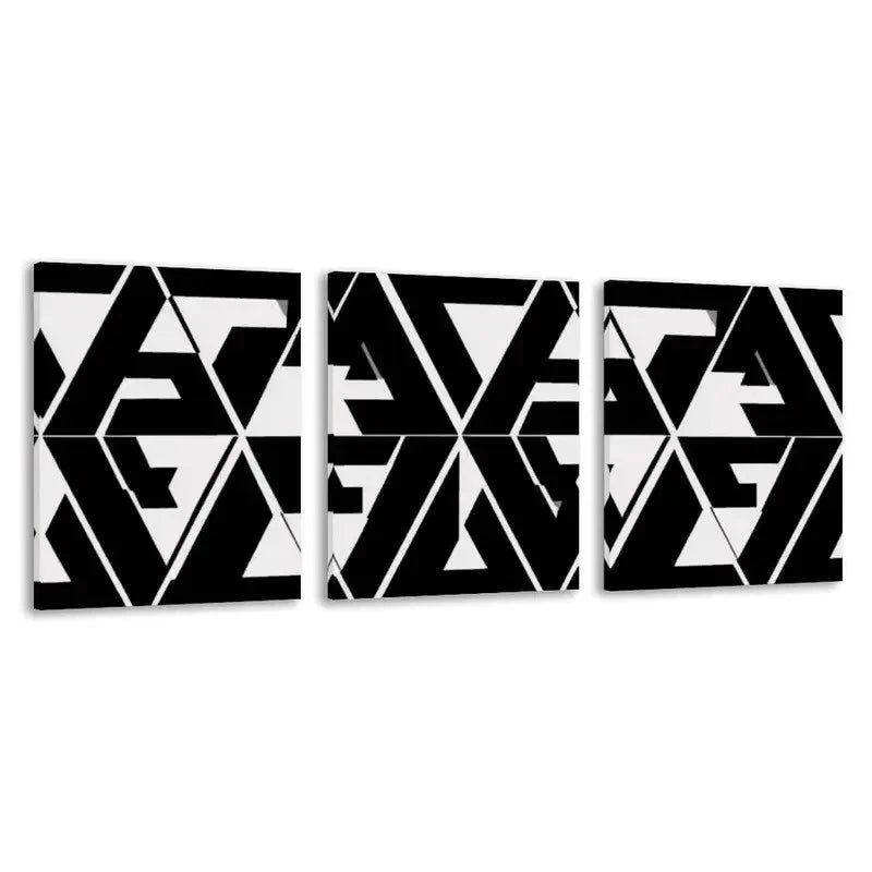 3pcs Seamless Pattern Black and White Triangles    Wall Art Set Canvas Framed 50x70cm - High Quality Print 100% Australian Made Wall Canvas Ready to Hang - Bella Home Decor