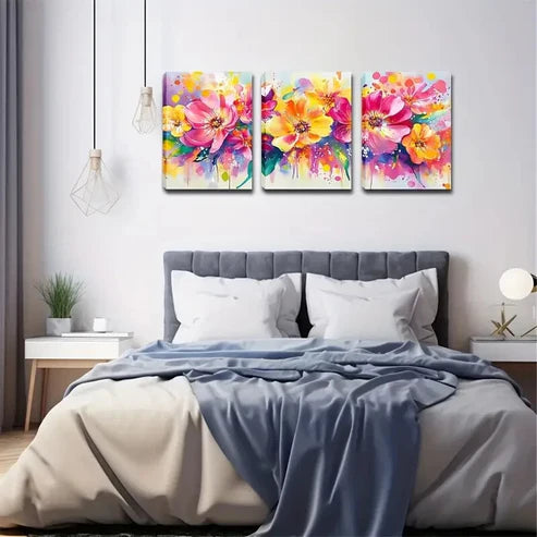 3pcs Bright Colors Splash Flower  Wall Art Set Canvas Unframed - High Quality Print 100% Australian Made Wall Canvas - Bella Home Decor