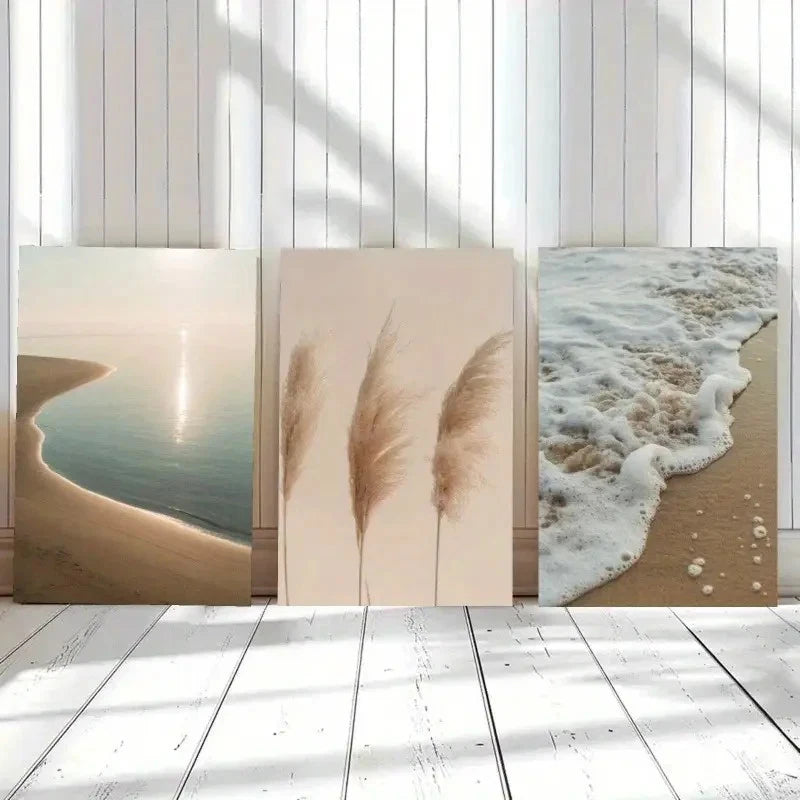 3pcs Beach Scenes Pampas Grass And Waves Metal Print Ready to Hang Art - Bella Home Decor