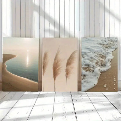 3pcs Beach Scenes Pampas Grass And Waves Metal Print Ready to Hang Art - Bella Home Decor
