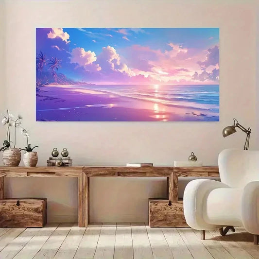 Vibrant Seaside Sunset Scenery Wall Art Canvas Office Home Room Framed 120x60cm