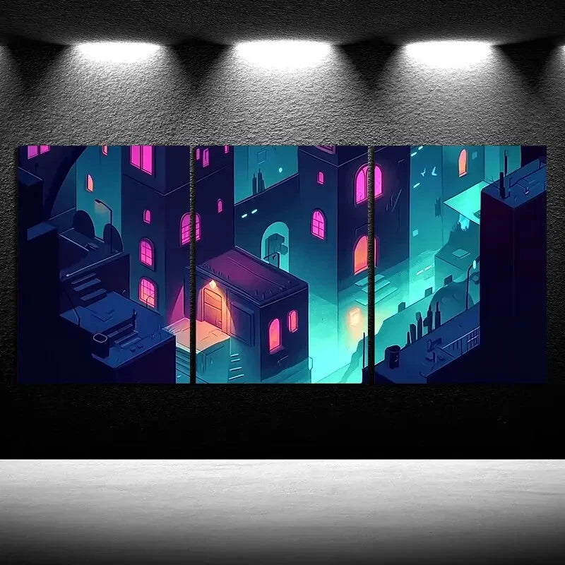3pcs Neon City Paintings Big Buildings Metal Print Ready to Hang Art - Bella Home Decor