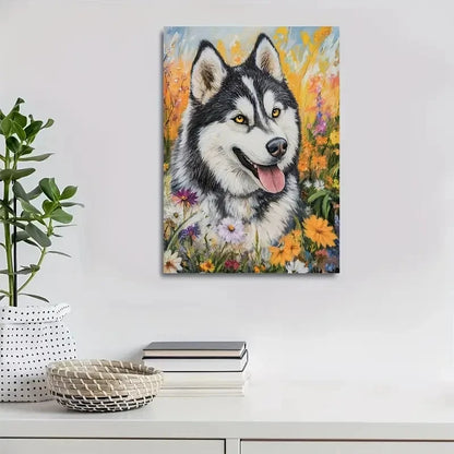 Charming Alaskan Malamute with Flowers Painting 40x60cm Metal Print Ready to Hang