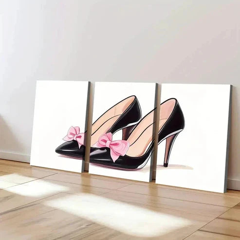 3pcs Black High Heels Pink Bows Modern White Wall Art Canvas Unframed - High Quality Print 100% Australian Made Wall Canvas - Bella Home Decor