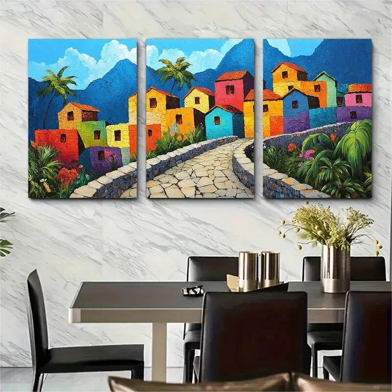 3pcs Colorful Stone Path & Lush Greenery Metal Print Ready to Hang Art - Bella Home Decor